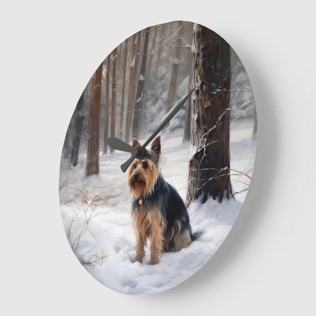 Grande Horloge Ronde Silencieux Terrier Laisser Il Neige Noël (Angle)
