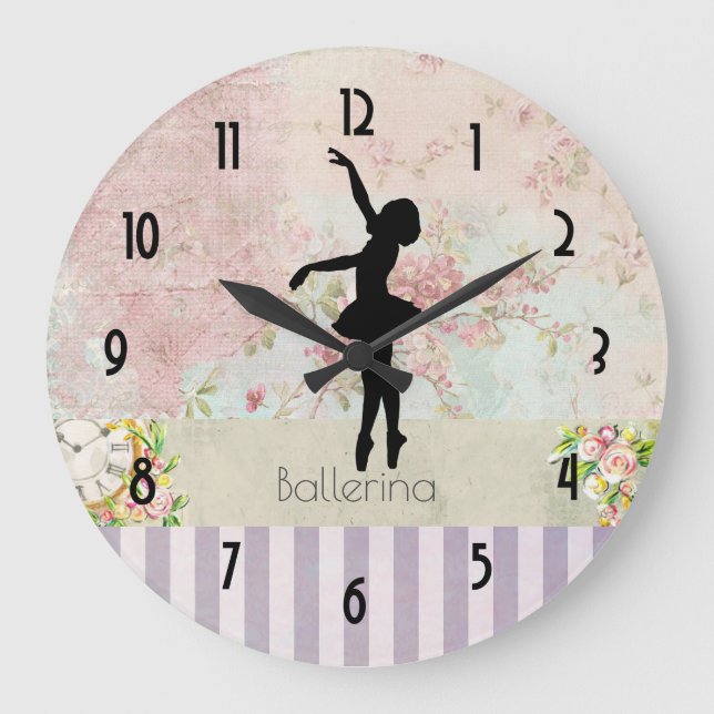 Grande Horloge Ronde Silhouette de ballerine sur le motif vintage (Recto)