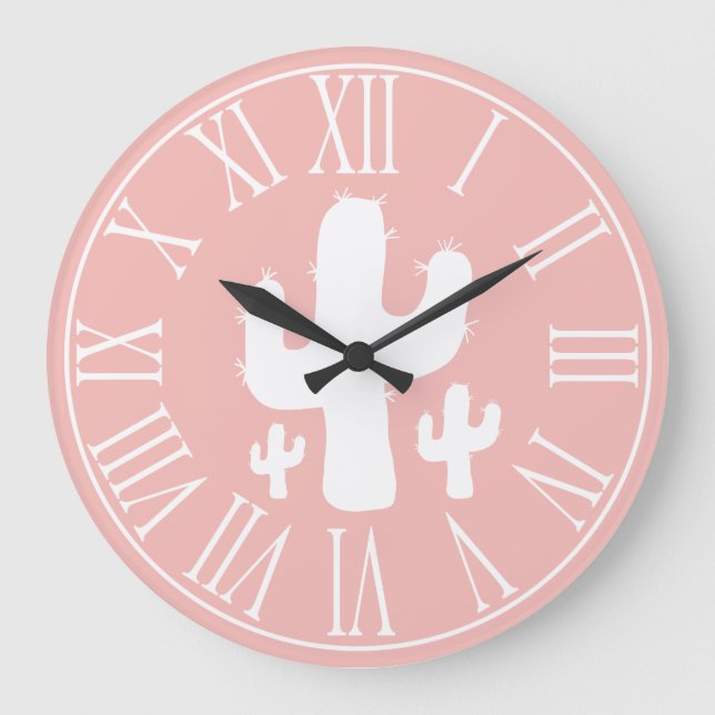 Grande Horloge Ronde Silhouette de cactus rose et blanc saumon (Recto)