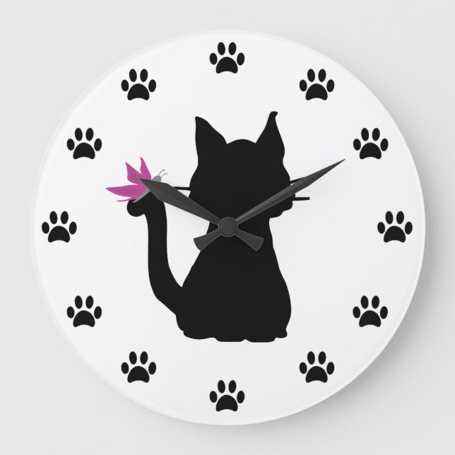 Grande Horloge Ronde Silhouette de chat noir Papillon rose (Recto)