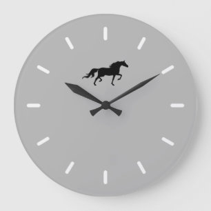 Grande Horloge Ronde Silhouette de cheval noir élégant sur gris argenté