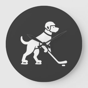 Grande Horloge Ronde Silhouette de joueur de hockey de chien 