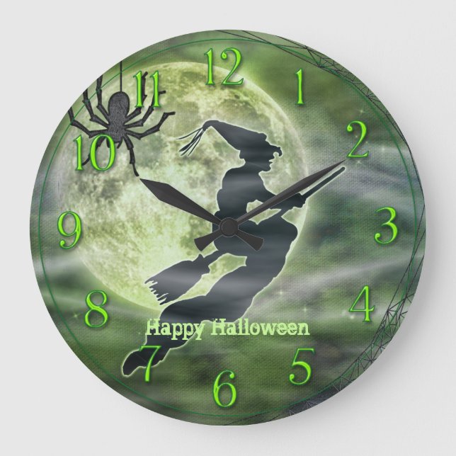 Grande Horloge Ronde Silhouette de sorcière d'Halloween avec araignée (Recto)