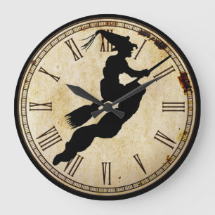 Grande Horloge Ronde Silhouette de sorcière d'Halloween   Face d'horlo