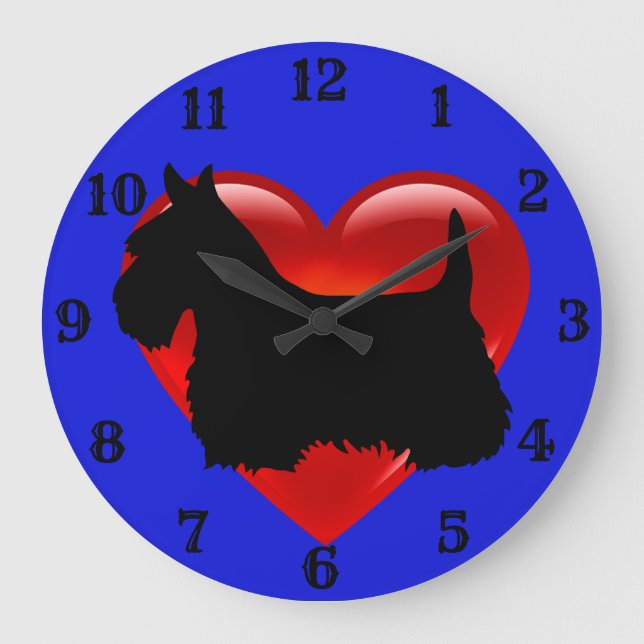Grande Horloge Ronde Silhouette de Terrier écossais noir cœur rouge/ble (Recto)