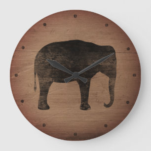 Grande Horloge Ronde Silhouette d'éléphant asiatique style rustique