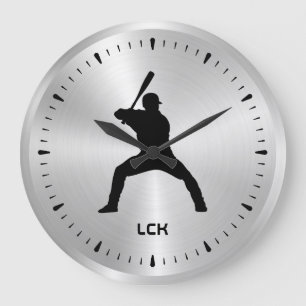 Grande Horloge Ronde Silhouette du joueur de baseball noir argent métal
