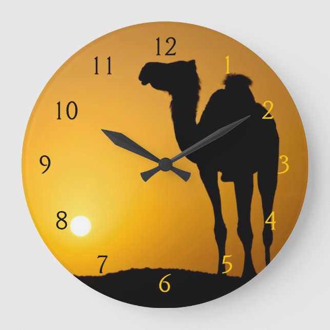 Grande Horloge Ronde Silhouette d'un chameau sauvage au coucher du sole (Recto)