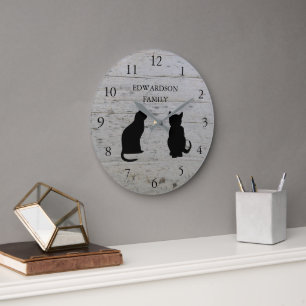 Grande Horloge Ronde Silhouettes de chat moderne motif en bois monogram