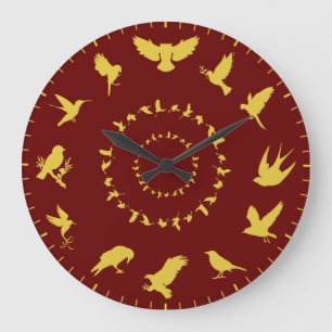 Grande Horloge Ronde Silhouettes dorées uniques d'oiseaux sauvages en t