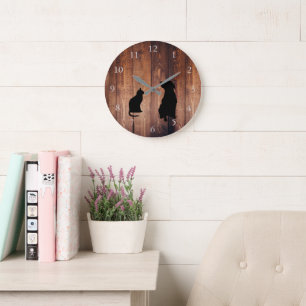 Grande Horloge Ronde Silhouettes modernes de chien de chat sur le bois