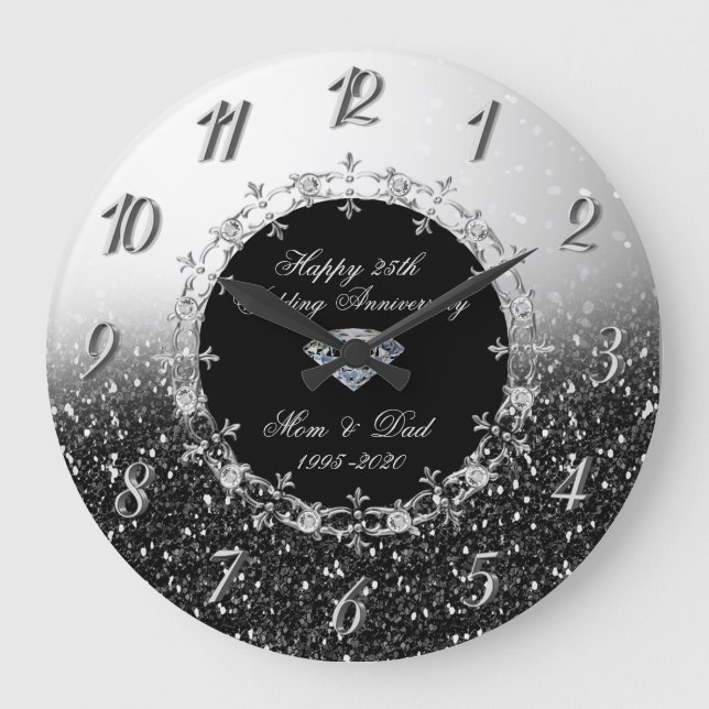 Grande Horloge Ronde Silver Black Glittery 25e anniversaire Mariage (Recto)
