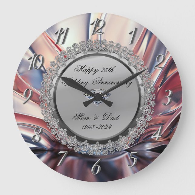 Grande Horloge Ronde Silver Diamond Abstrait 25e anniversaire Mariage (Recto)