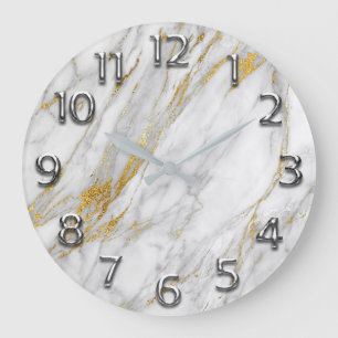 Grande Horloge Ronde Silver Gray Arabic Numbers Gold Carrara Marble