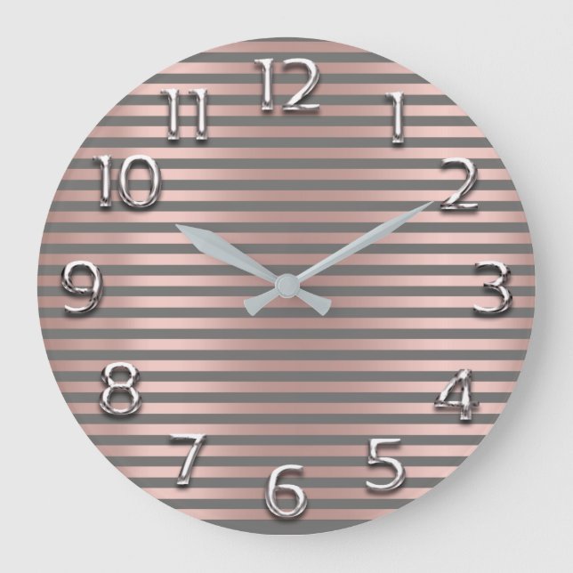 Grande Horloge Ronde Silver Gray Arabic Numbers Rose Blush Glam Stripes (Recto)