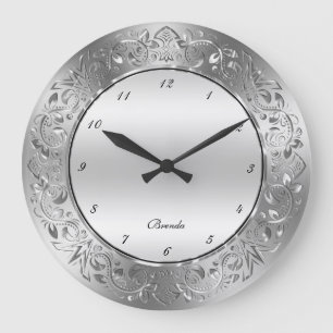 Grande Horloge Ronde Silver-gray swirly floral frame