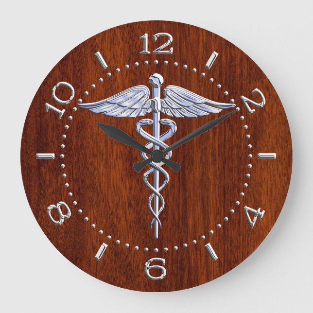 Grande Horloge Ronde Silver Like Caduceus Medical Symbole Mahogany Dial (Recto)