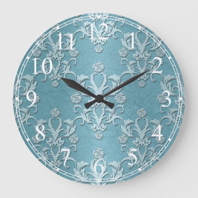 Grande Horloge Ronde Silvery Teal Floral Damask (Recto)