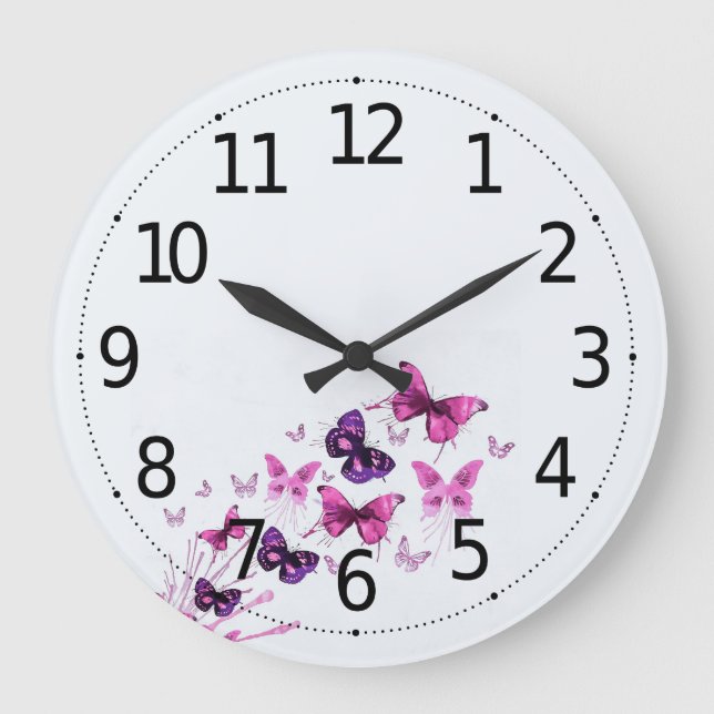 Grande Horloge Ronde Simple Elegant Purple Butterflies | Wall Clock (Recto)