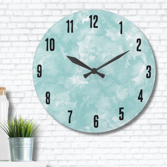 Grande Horloge Ronde Simple moderne Turquoise bleu (Simple Modern Turquoise Teal Blue Watercolor Large Clock)