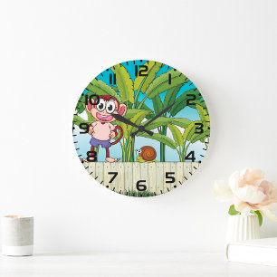 Grande Horloge Ronde Singe et escargot dans une scène de jungle tropica