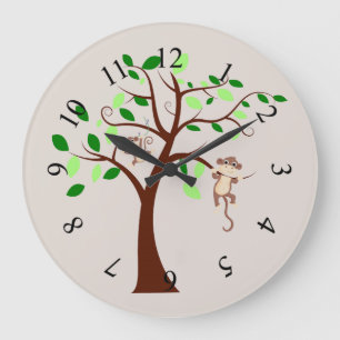 Grande Horloge Ronde singes Animés accrochés aux branches d'arbres