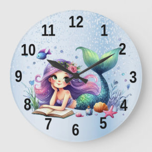 Grande Horloge Ronde Sirène aquarelle Vie marine Mignonne Belle