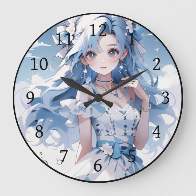 Grande Horloge Ronde Sirène avec cheveux bleus dans une robe bleue (Recto)