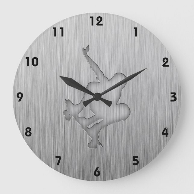 Grande Horloge Ronde Skateboard en métal brossé (Recto)