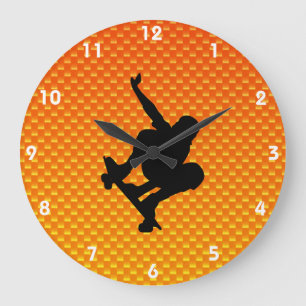 Grande Horloge Ronde Skateboard jaune orange