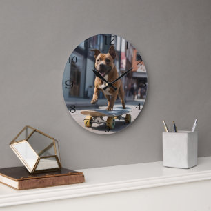 Grande Horloge Ronde Skateboard Stunt : Un Staffy en déplacement