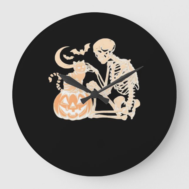 Grande Horloge Ronde Skeleton Cat Crâne kitty mignonne Halloween Design (Recto)