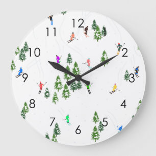 Grande Horloge Ronde Skieurs Illustration Ski Hiver Piste