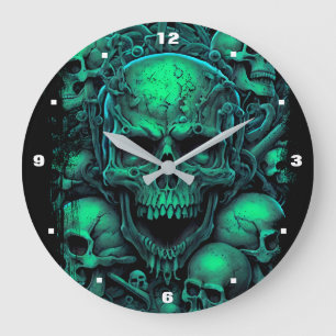 Grande Horloge Ronde Skuls Green Black Scary Biker Gothique Halloween