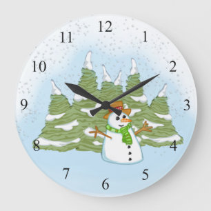 Grande Horloge Ronde Snoman dans le champ de chute mural de neige horlo