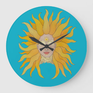 Grande Horloge Ronde Soleil or jaune turquoise inspiré