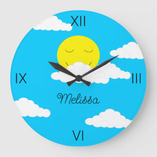 Grande Horloge Ronde Soleil souriant avec nuages de Puffy