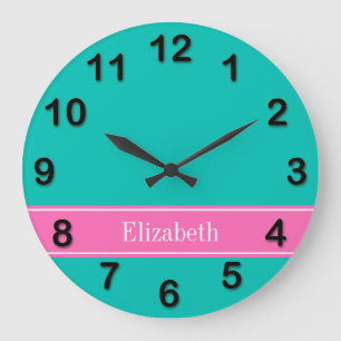 Grande Horloge Ronde Solid Teal, Hot Pink #2 Ribbon Nom monogram