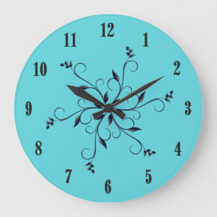 Grande Horloge Ronde Solide Turquoise avec chiffres noirs et Accent
