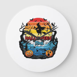 Grande Horloge Ronde Sorcellerie Halloween Citrouilles Chauves-souris C
