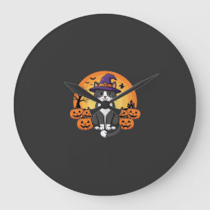 Grande Horloge Ronde Sorcière de Halloween Chat Citrouille Lune Design_