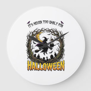 Grande Horloge Ronde Sorcière d'Halloween Chaudron Lune Cimetière Arbre