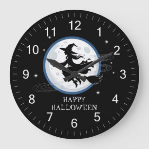Grande Horloge Ronde Sorcière Éffrayante d'Halloween traversant une Ple