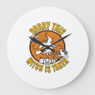 Grande Horloge Ronde Sorcière Est Prise Citrouilles D'Halloween Chat_1