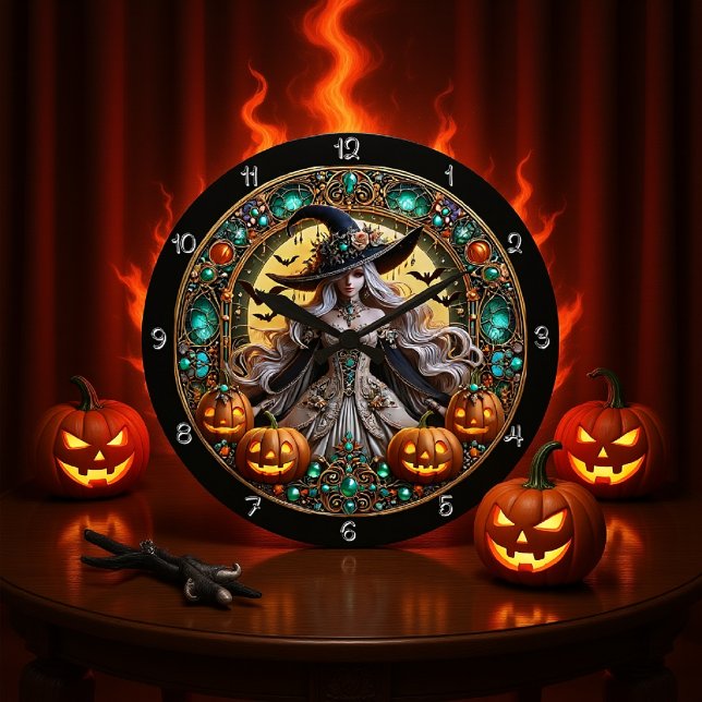 Grande Horloge Ronde Sorcière Imaginaire avec Citrouilles brillants (Créateur téléchargé)