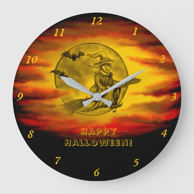 Grande Horloge Ronde Sorcière volante avec chat noir, nuit halloween (Recto)