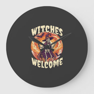 Grande Horloge Ronde Sorcières Bienvenue Halloween Squelette Sorcière B