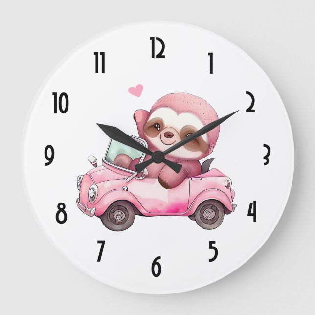 Grande Horloge Ronde Sourire rose Sloth conduisant une convertible (Recto)