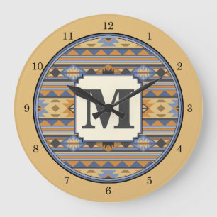 Grande Horloge Ronde Southwest Design Gold Blue Grey Tribal Motif