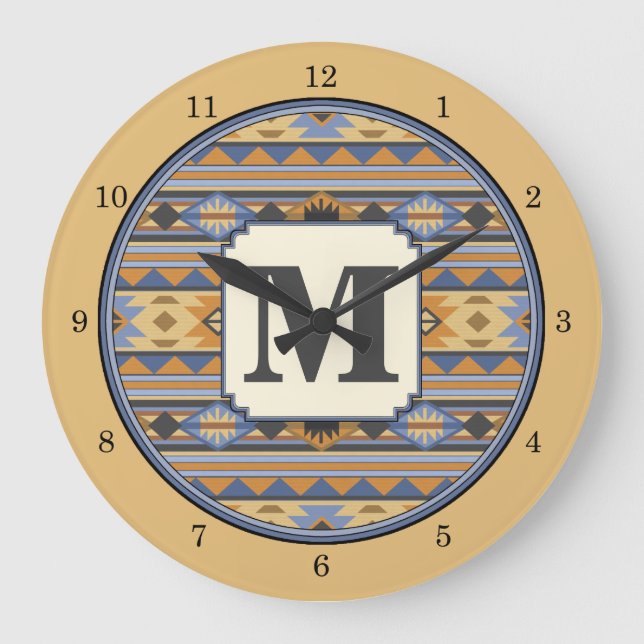 Grande Horloge Ronde Southwest Design Gold Blue Grey Tribal Motif (Recto)